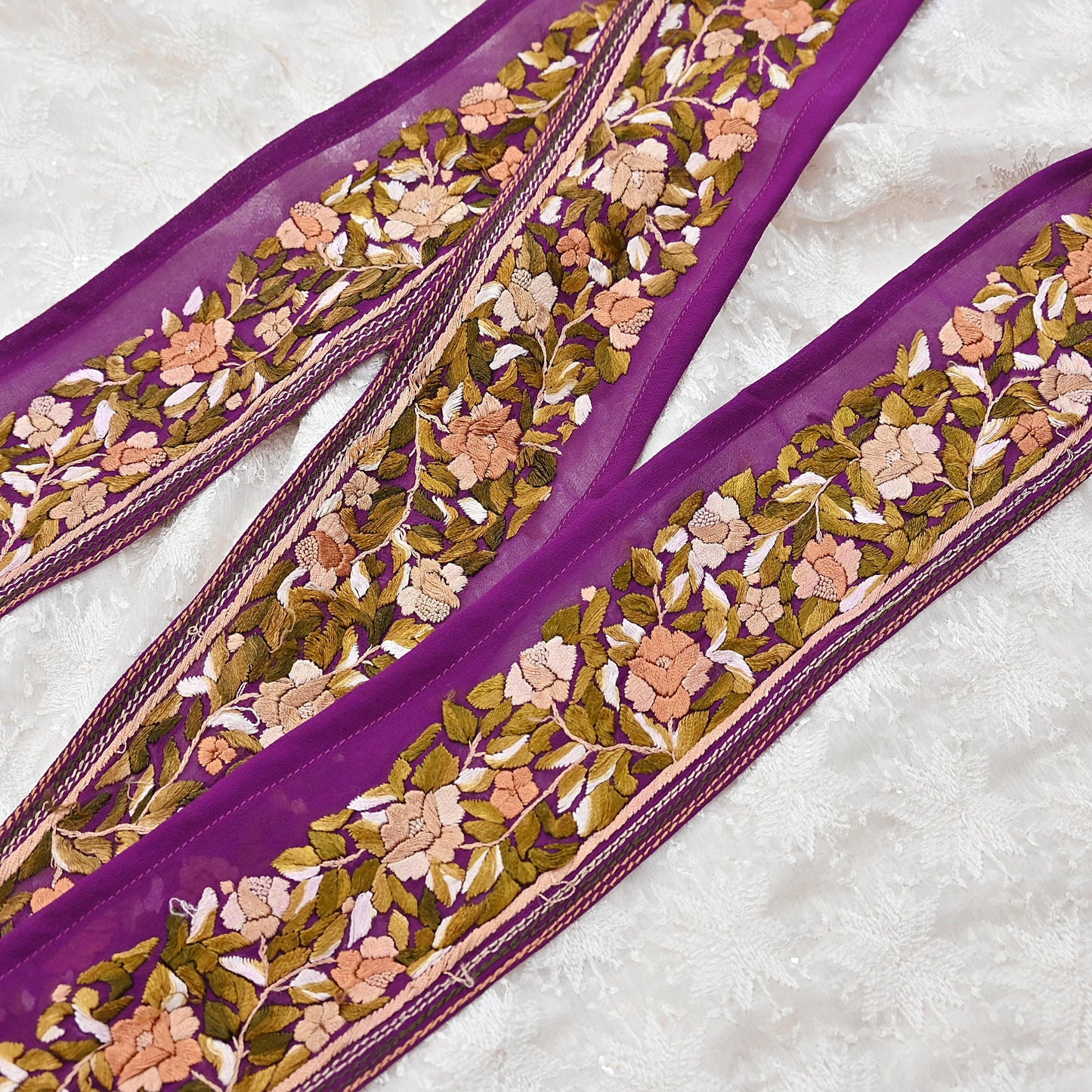 Indian Antique Vintage Real Parsi Gara Border Purple Hand Embroidered Craft Trim Lace Sewing Saree Ribbon Recycled 1yard Pure Georgette Silk