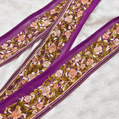 Indian Antique Vintage Real Parsi Gara Border Purple Hand Embroidered Craft Trim Lace Sewing Saree Ribbon Recycled 1yard Pure Georgette Silk
