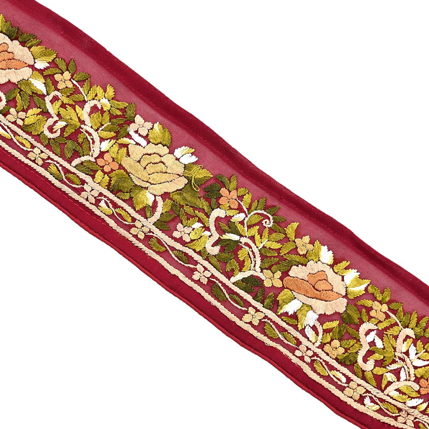 Indian Antique Vintage Real Parsi Gara Border Red Hand Embroidered Craft Trim Lace Sewing Saree Ribbon Recycled 1yard Pure Georgette Silk