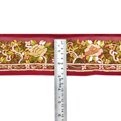 Indian Antique Vintage Real Parsi Gara Border Red Hand Embroidered Craft Trim Lace Sewing Saree Ribbon Recycled 1yard Pure Georgette Silk