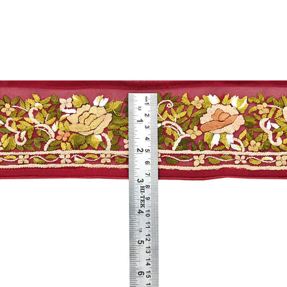 Indian Antique Vintage Real Parsi Gara Border Red Hand Embroidered Craft Trim Lace Sewing Saree Ribbon Recycled 1yard Pure Georgette Silk
