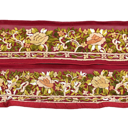 Indian Antique Vintage Real Parsi Gara Border Red Hand Embroidered Craft Trim Lace Sewing Saree Ribbon Recycled 1yard Pure Georgette Silk