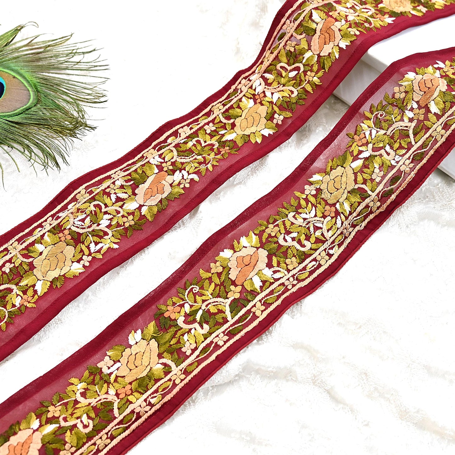 Indian Antique Vintage Real Parsi Gara Border Red Hand Embroidered Craft Trim Lace Sewing Saree Ribbon Recycled 1yard Pure Georgette Silk