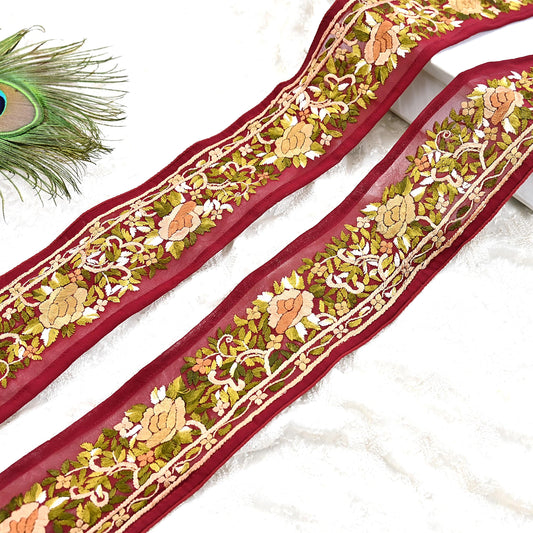 Indian Antique Vintage Real Parsi Gara Border Red Hand Embroidered Craft Trim Lace Sewing Saree Ribbon Recycled 1yard Pure Georgette Silk