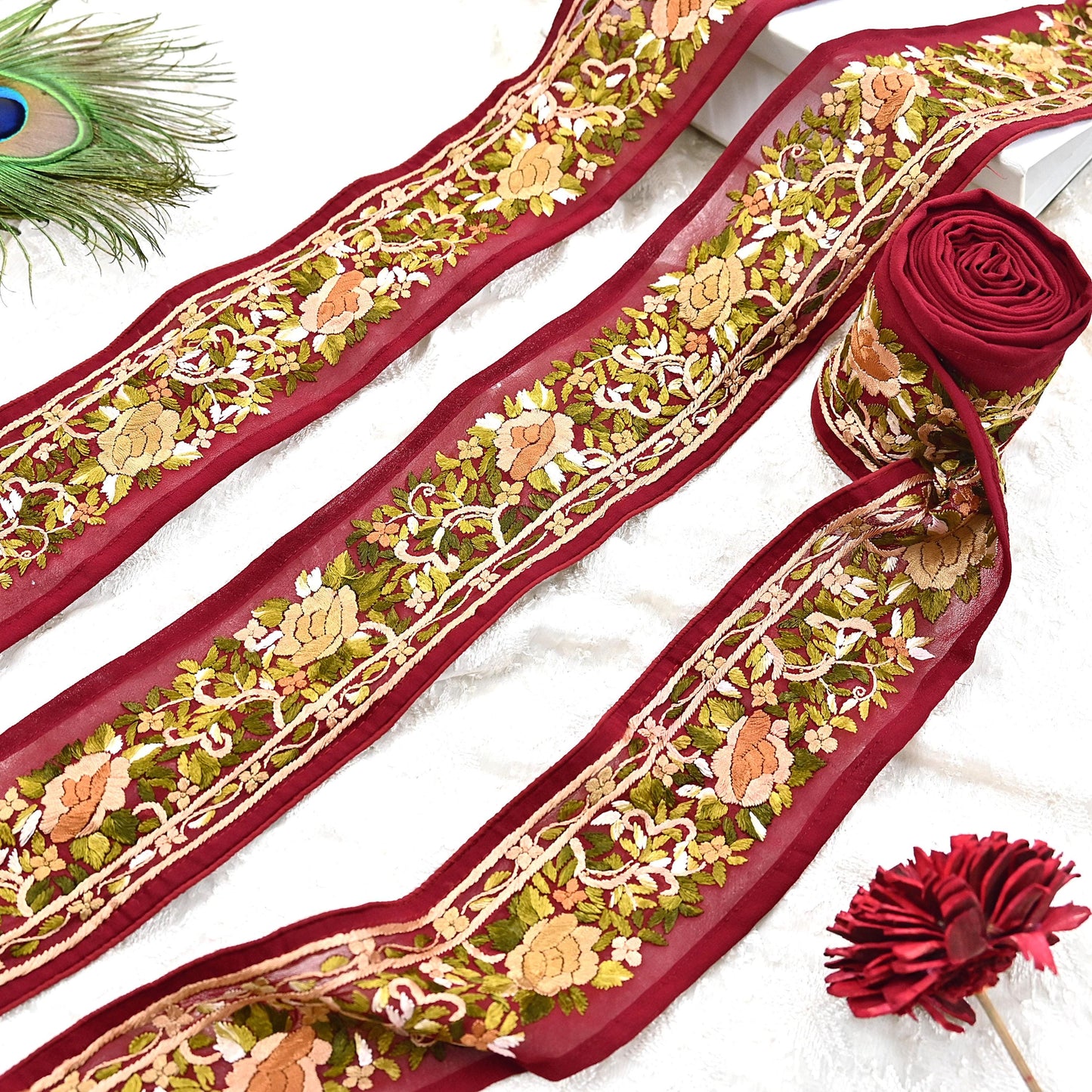 Indian Antique Vintage Real Parsi Gara Border Red Hand Embroidered Craft Trim Lace Sewing Saree Ribbon Recycled 1yard Pure Georgette Silk