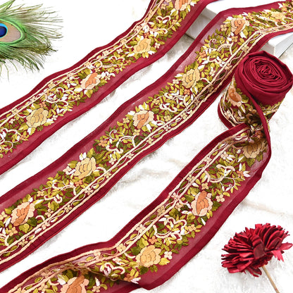 Indian Antique Vintage Real Parsi Gara Border Red Hand Embroidered Craft Trim Lace Sewing Saree Ribbon Recycled 1yard Pure Georgette Silk
