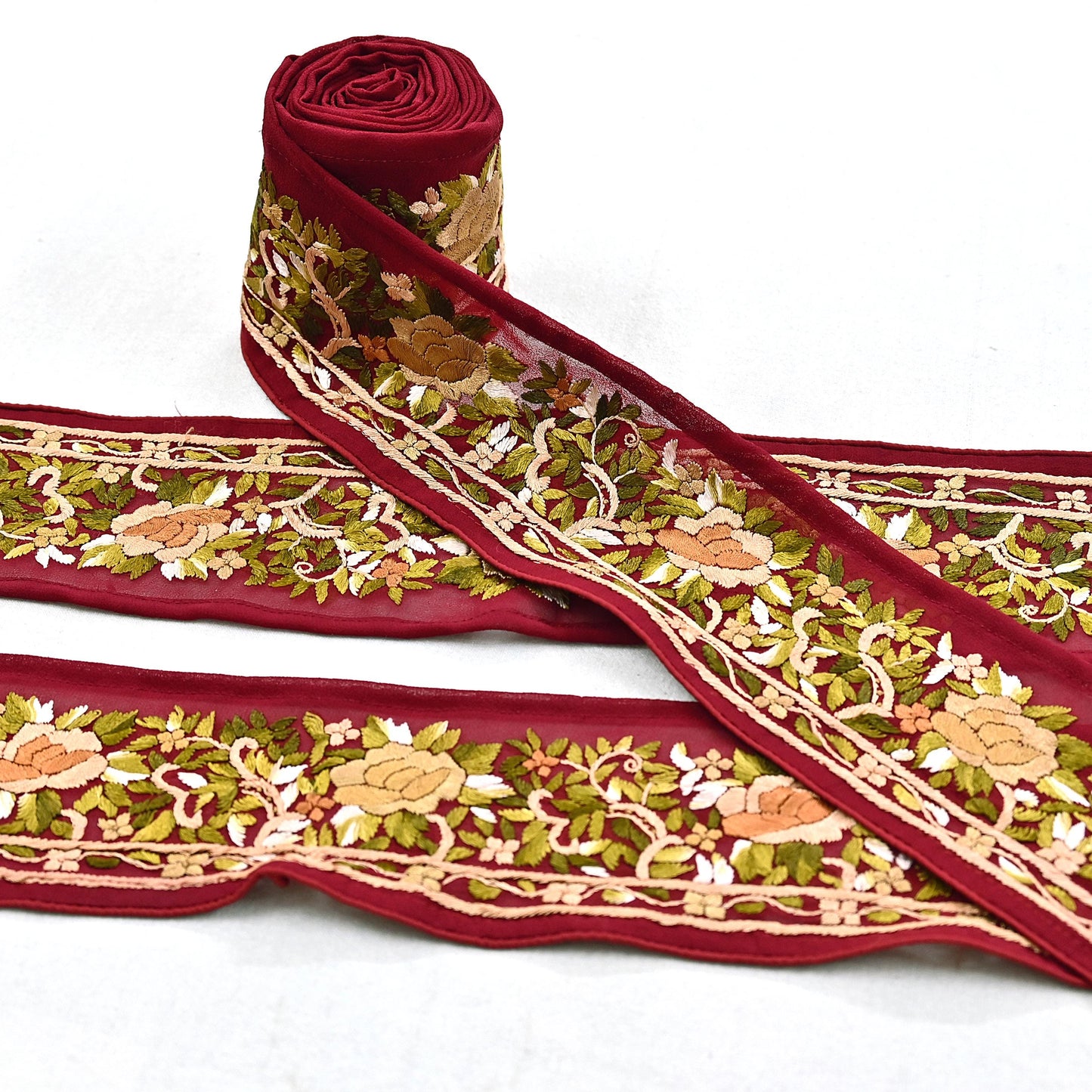 Indian Antique Vintage Real Parsi Gara Border Red Hand Embroidered Craft Trim Lace Sewing Saree Ribbon Recycled 1yard Pure Georgette Silk