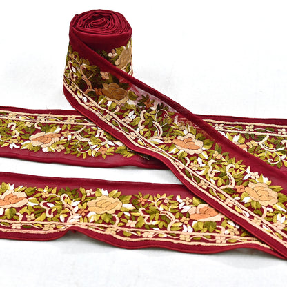 Indian Antique Vintage Real Parsi Gara Border Red Hand Embroidered Craft Trim Lace Sewing Saree Ribbon Recycled 1yard Pure Georgette Silk