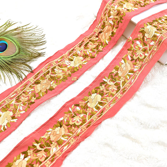 Indian Antique Vintage Real Parsi Gara Border Peach Hand Embroidered Craft Trim Lace Sewing Saree Ribbon Recycled 1yard Pure Crepe Silk
