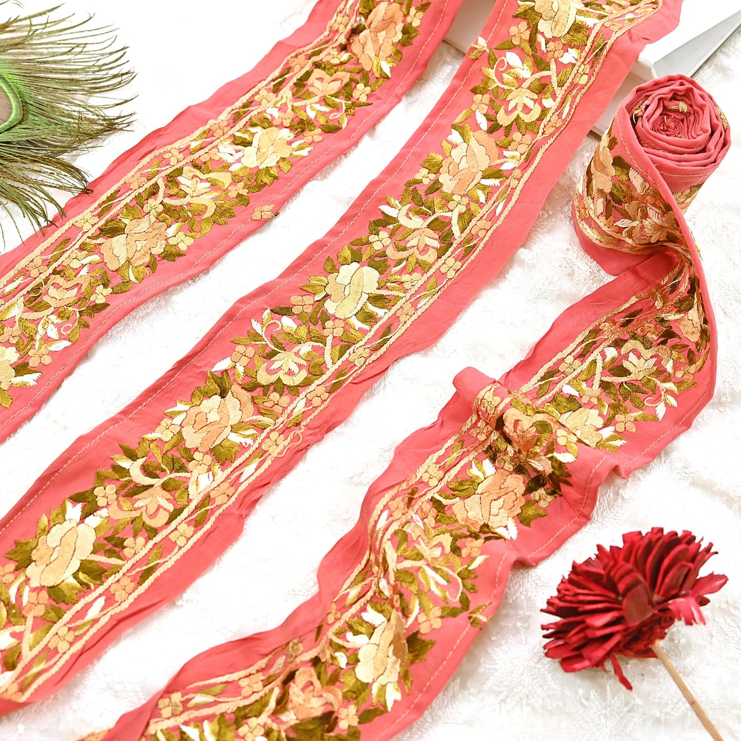 Indian Antique Vintage Real Parsi Gara Border Peach Hand Embroidered Craft Trim Lace Sewing Saree Ribbon Recycled 1yard Pure Crepe Silk