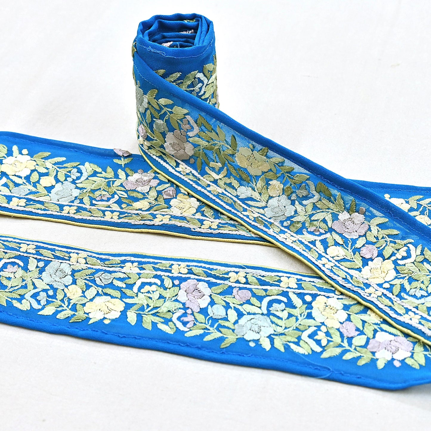 Indian Vintage Real Parsi Gara Border Turquoise Hand Embroidered Craft Trim Lace Sewing Saree Ribbon Recycled 1yard Pure Georgette Silk