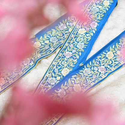 Indian Vintage Real Parsi Gara Border Turquoise Hand Embroidered Craft Trim Lace Sewing Saree Ribbon Recycled 1yard Pure Georgette Silk