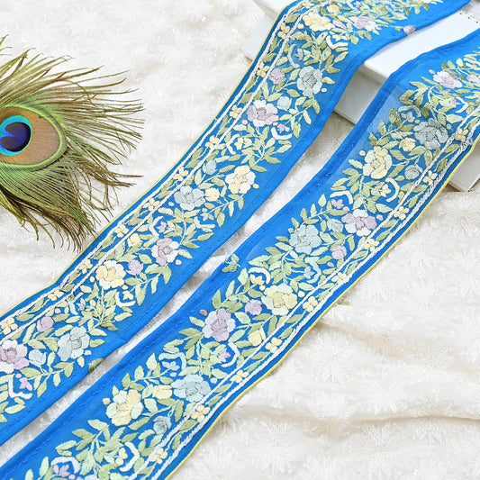 Indian Vintage Real Parsi Gara Border Turquoise Hand Embroidered Craft Trim Lace Sewing Saree Ribbon Recycled 1yard Pure Georgette Silk