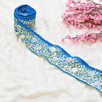 Indian Vintage Real Parsi Gara Border Turquoise Hand Embroidered Craft Trim Lace Sewing Saree Ribbon Recycled 1yard Pure Georgette Silk
