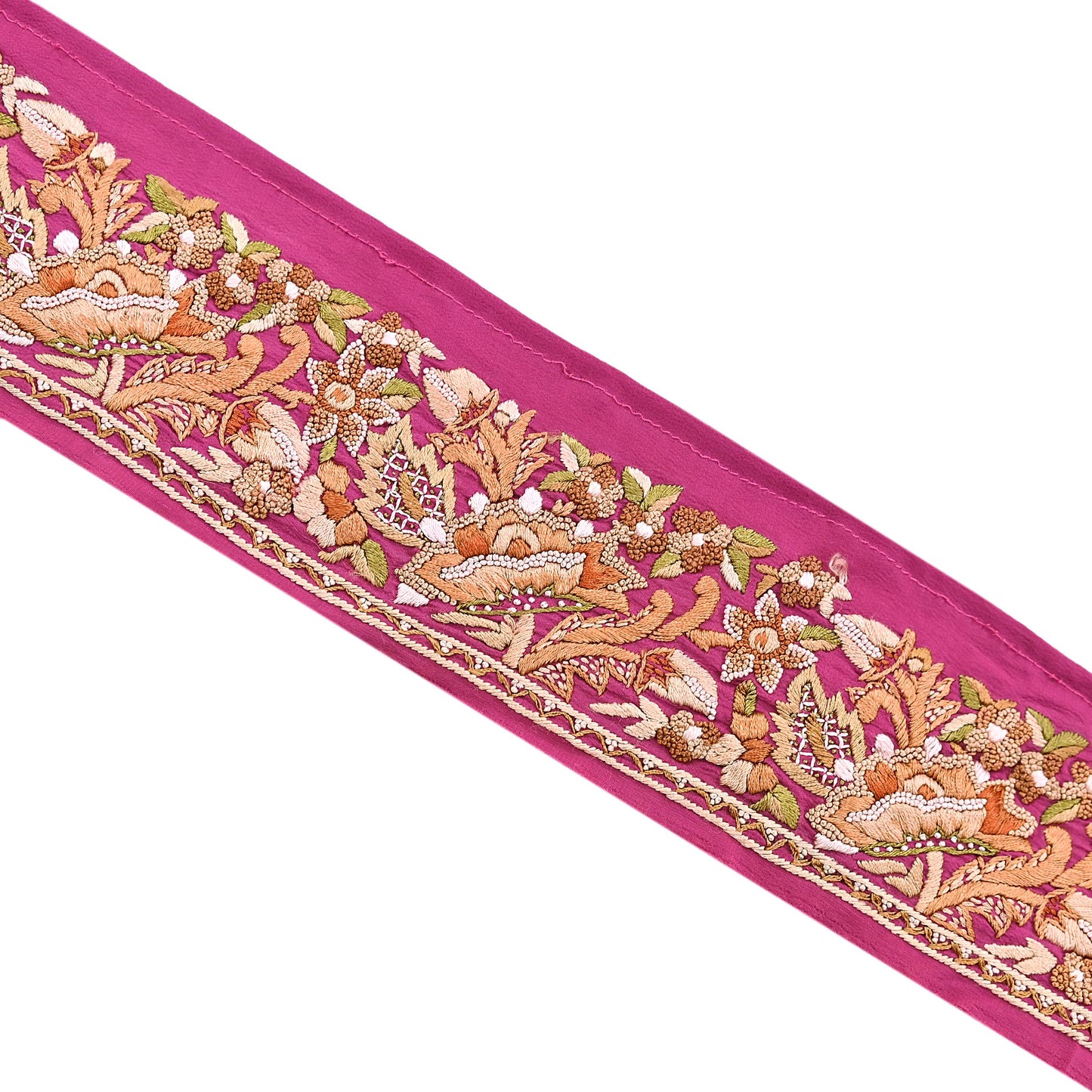 Indian Antique Vintage Real Parsi Gara Border Pink Hand Embroidered Craft Trim Lace Sewing Saree Ribbon Recycled 1yard Pure Crepe Silk