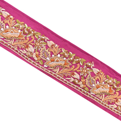 Indian Antique Vintage Real Parsi Gara Border Pink Hand Embroidered Craft Trim Lace Sewing Saree Ribbon Recycled 1yard Pure Crepe Silk