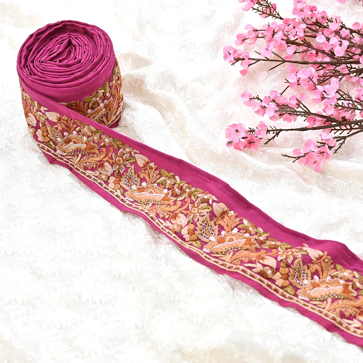 Indian Antique Vintage Real Parsi Gara Border Pink Hand Embroidered Craft Trim Lace Sewing Saree Ribbon Recycled 1yard Pure Crepe Silk