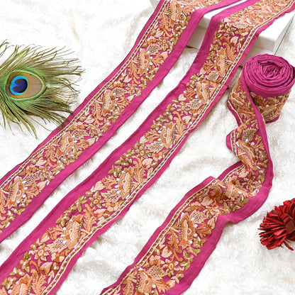 Indian Antique Vintage Real Parsi Gara Border Pink Hand Embroidered Craft Trim Lace Sewing Saree Ribbon Recycled 1yard Pure Crepe Silk