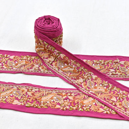 Indian Antique Vintage Real Parsi Gara Border Pink Hand Embroidered Craft Trim Lace Sewing Saree Ribbon Recycled 1yard Pure Crepe Silk