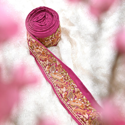 Indian Antique Vintage Real Parsi Gara Border Pink Hand Embroidered Craft Trim Lace Sewing Saree Ribbon Recycled 1yard Pure Crepe Silk