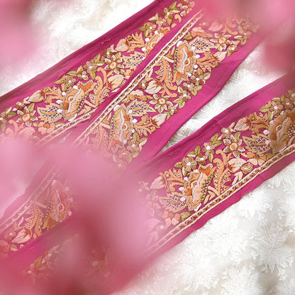 Indian Antique Vintage Real Parsi Gara Border Pink Hand Embroidered Craft Trim Lace Sewing Saree Ribbon Recycled 1yard Pure Crepe Silk