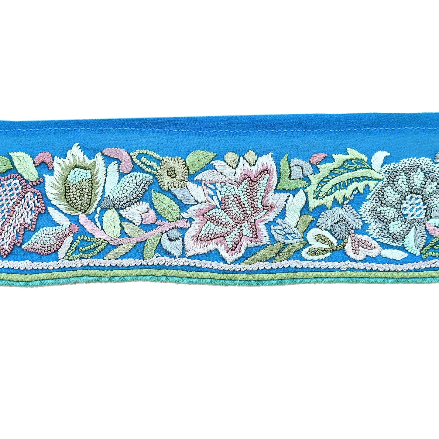 Indian Vintage Real Parsi Gara Border Turquoise Hand Embroidered Craft Trim Lace Sewing Saree Ribbon Recycled 1yard Pure Georgette Silk