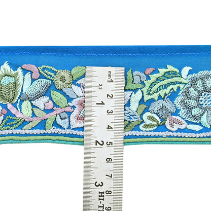 Indian Vintage Real Parsi Gara Border Turquoise Hand Embroidered Craft Trim Lace Sewing Saree Ribbon Recycled 1yard Pure Georgette Silk