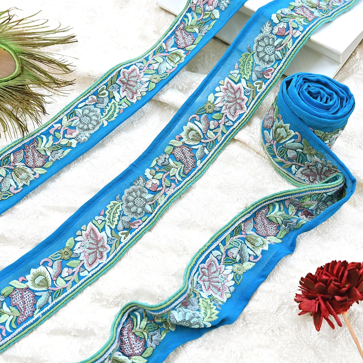 Indian Vintage Real Parsi Gara Border Turquoise Hand Embroidered Craft Trim Lace Sewing Saree Ribbon Recycled 1yard Pure Georgette Silk