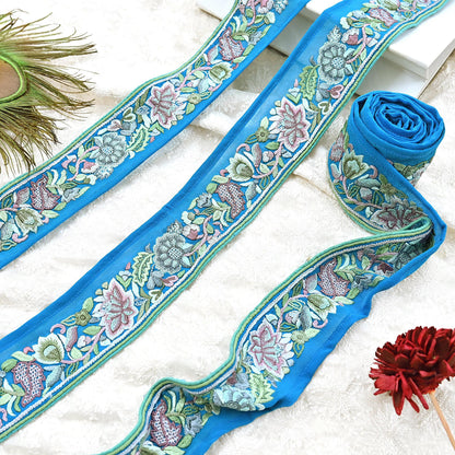 Indian Vintage Real Parsi Gara Border Turquoise Hand Embroidered Craft Trim Lace Sewing Saree Ribbon Recycled 1yard Pure Georgette Silk