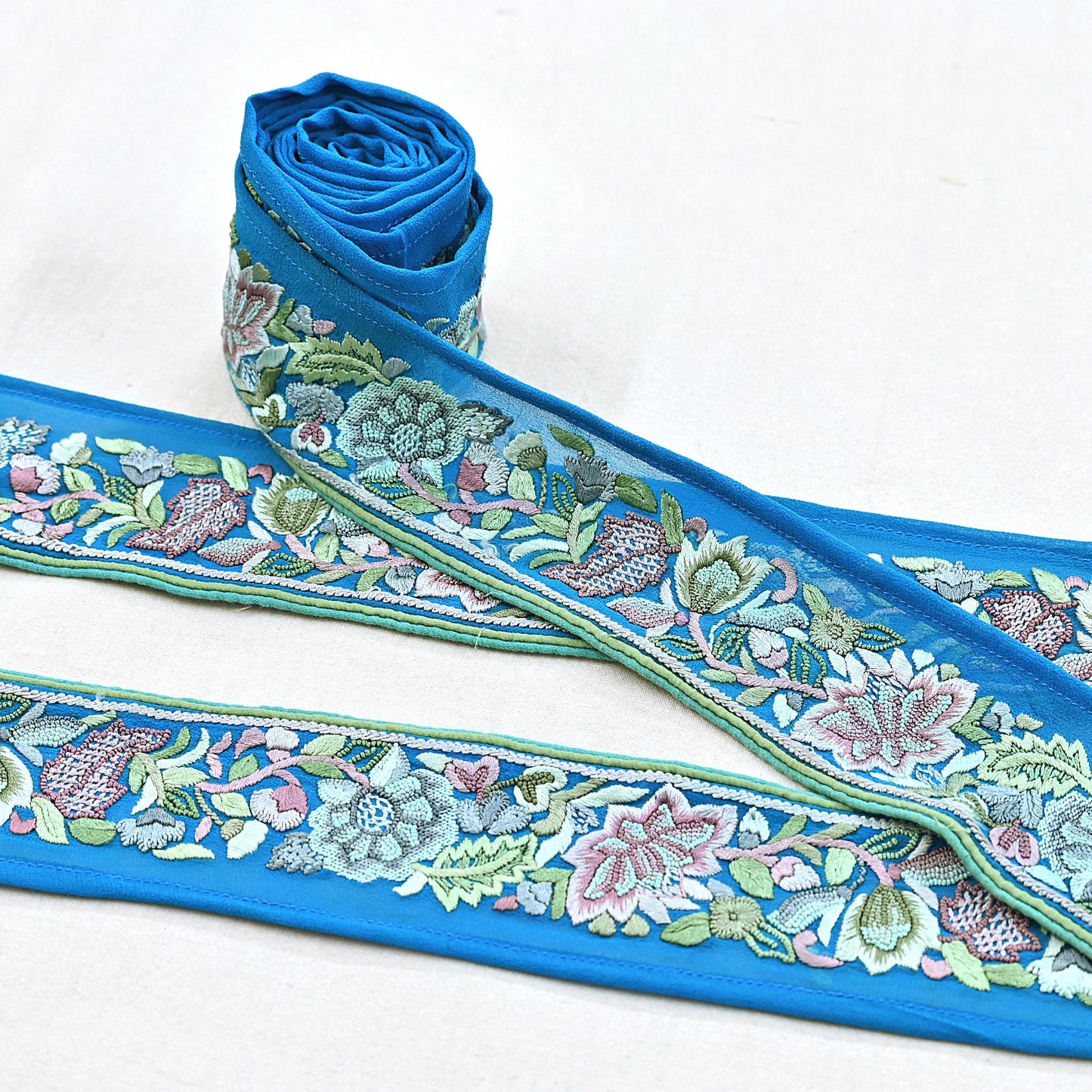 Indian Vintage Real Parsi Gara Border Turquoise Hand Embroidered Craft Trim Lace Sewing Saree Ribbon Recycled 1yard Pure Georgette Silk