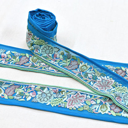 Indian Vintage Real Parsi Gara Border Turquoise Hand Embroidered Craft Trim Lace Sewing Saree Ribbon Recycled 1yard Pure Georgette Silk