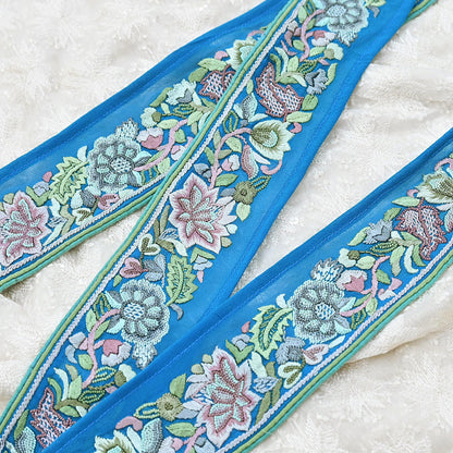 Indian Vintage Real Parsi Gara Border Turquoise Hand Embroidered Craft Trim Lace Sewing Saree Ribbon Recycled 1yard Pure Georgette Silk
