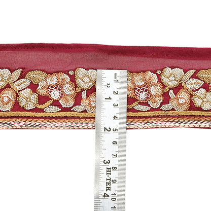 Indian Vintage Real Parsi Gara Border Maroon Hand Embroidered Craft Trim Lace Sewing Saree Ribbon Recycled 1yard Pure Georgette Silk