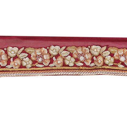 Indian Vintage Real Parsi Gara Border Maroon Hand Embroidered Craft Trim Lace Sewing Saree Ribbon Recycled 1yard Pure Georgette Silk