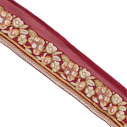 Indian Vintage Real Parsi Gara Border Maroon Hand Embroidered Craft Trim Lace Sewing Saree Ribbon Recycled 1yard Pure Georgette Silk