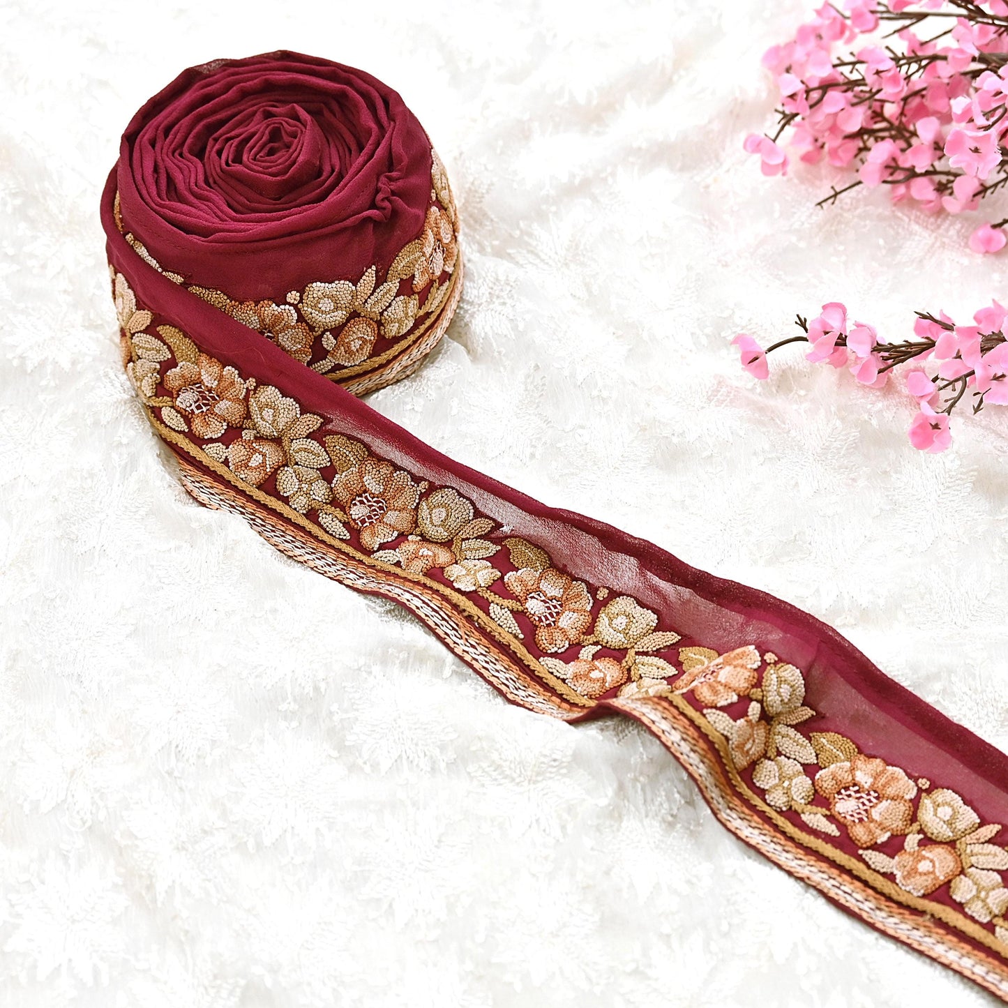 Indian Vintage Real Parsi Gara Border Maroon Hand Embroidered Craft Trim Lace Sewing Saree Ribbon Recycled 1yard Pure Georgette Silk