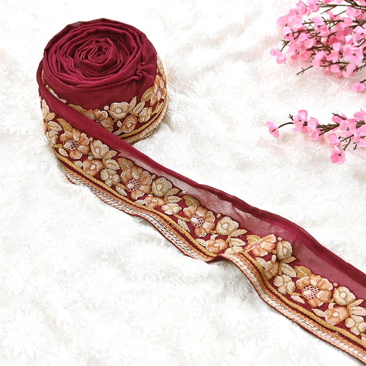 Indian Vintage Real Parsi Gara Border Maroon Hand Embroidered Craft Trim Lace Sewing Saree Ribbon Recycled 1yard Pure Georgette Silk