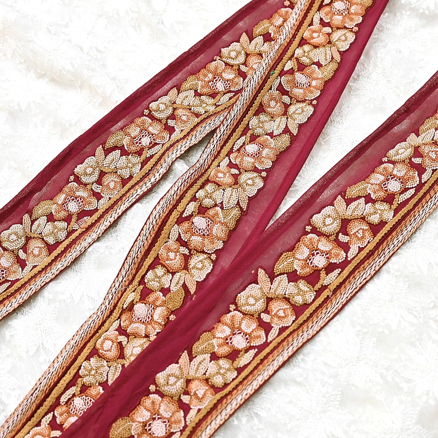 Indian Vintage Real Parsi Gara Border Maroon Hand Embroidered Craft Trim Lace Sewing Saree Ribbon Recycled 1yard Pure Georgette Silk