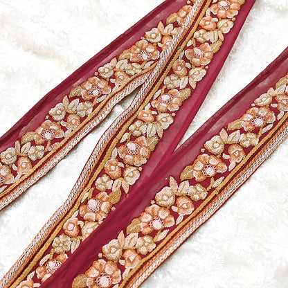 Indian Vintage Real Parsi Gara Border Maroon Hand Embroidered Craft Trim Lace Sewing Saree Ribbon Recycled 1yard Pure Georgette Silk