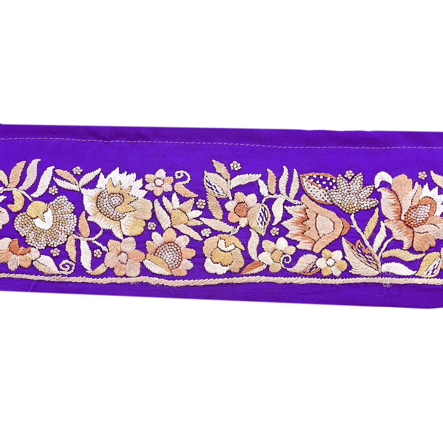 Indian Antique Vintage Real Parsi Gara Border Purple Hand Embroidered Craft Trim Lace Sewing Saree Ribbon Recycled 1yard Pure Crepe Silk