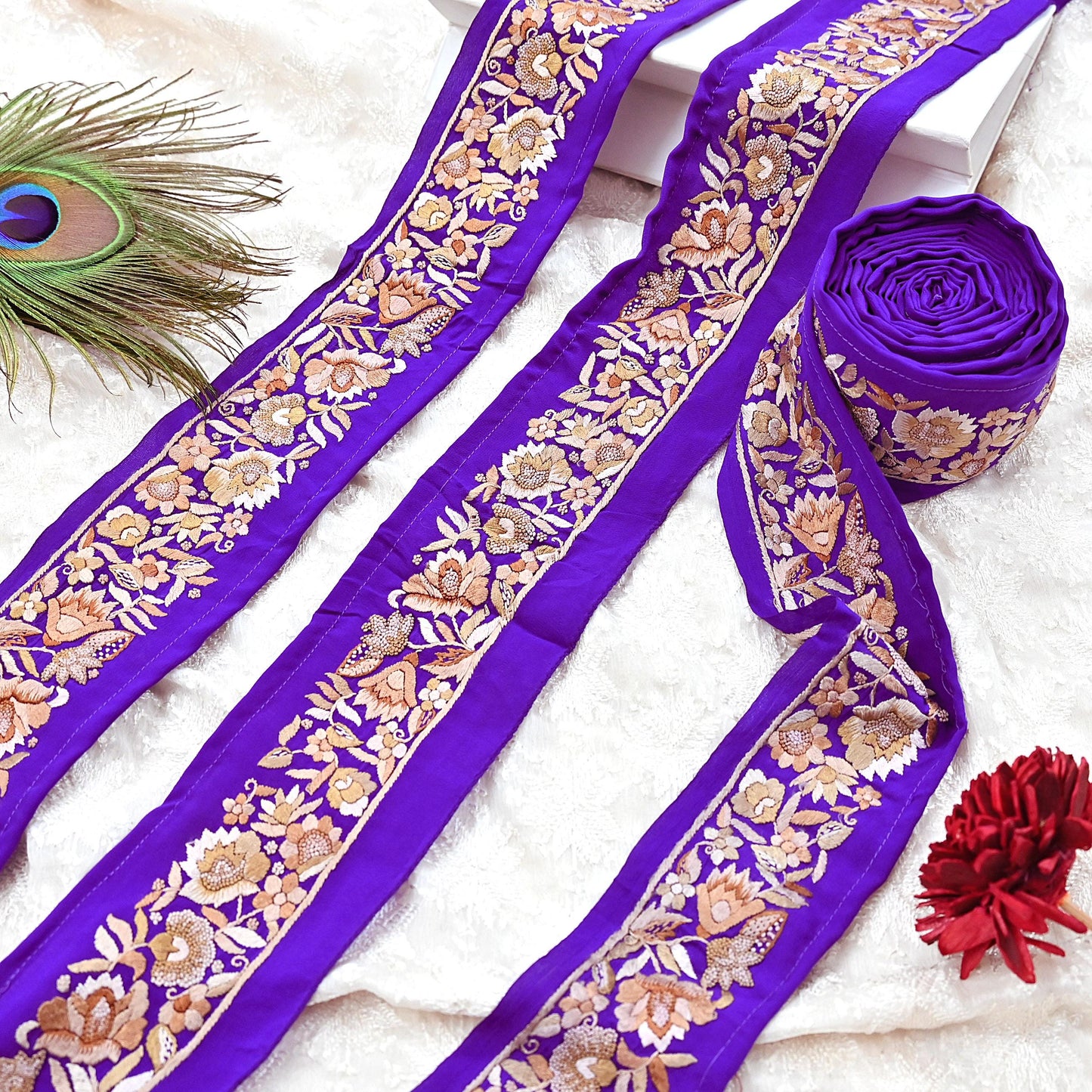 Indian Antique Vintage Real Parsi Gara Border Purple Hand Embroidered Craft Trim Lace Sewing Saree Ribbon Recycled 1yard Pure Crepe Silk