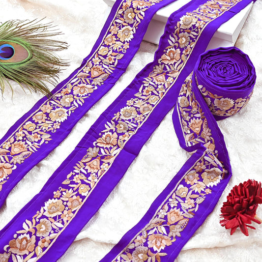 Indian Antique Vintage Real Parsi Gara Border Purple Hand Embroidered Craft Trim Lace Sewing Saree Ribbon Recycled 1yard Pure Crepe Silk