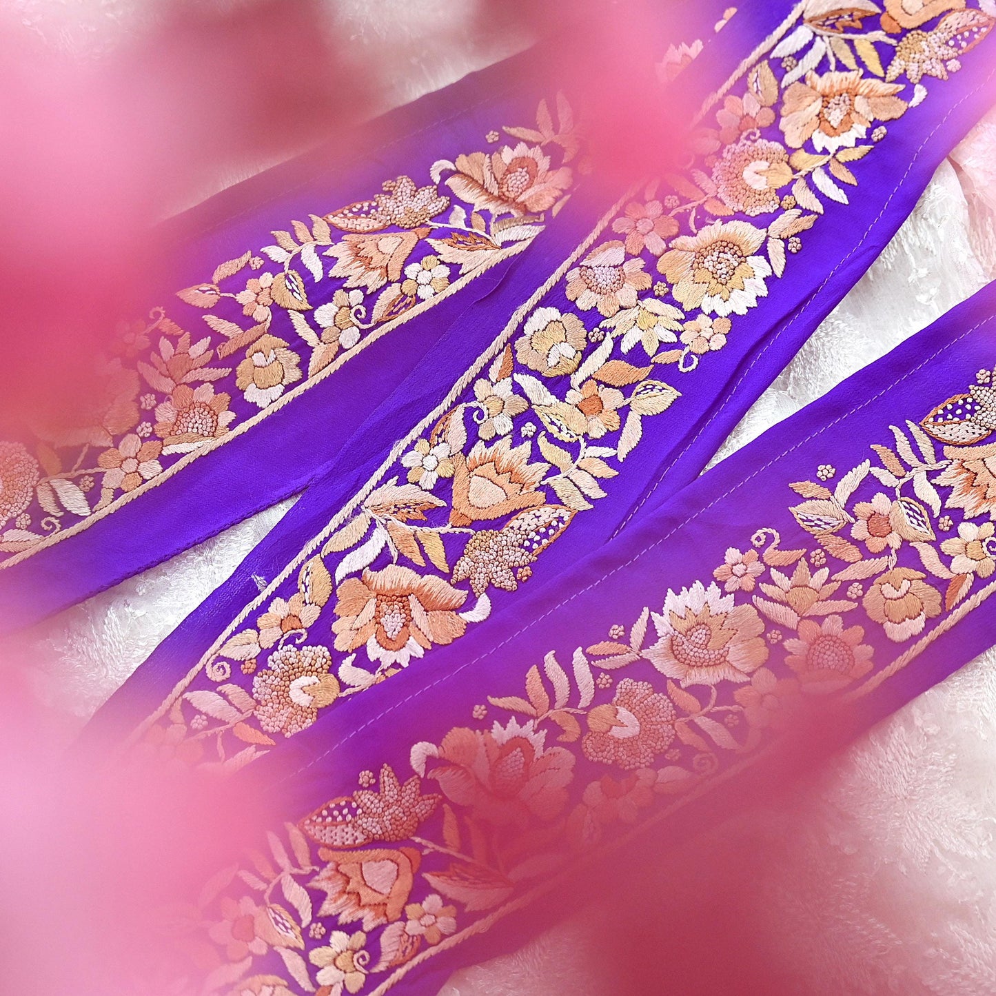 Indian Antique Vintage Real Parsi Gara Border Purple Hand Embroidered Craft Trim Lace Sewing Saree Ribbon Recycled 1yard Pure Crepe Silk