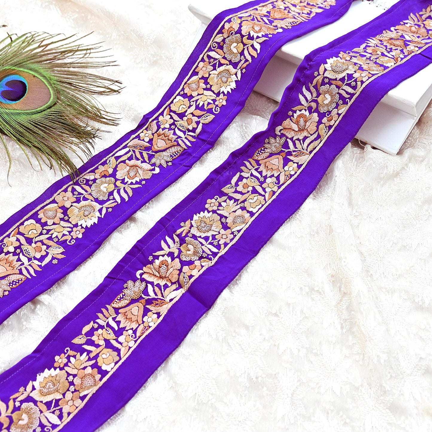 Indian Antique Vintage Real Parsi Gara Border Purple Hand Embroidered Craft Trim Lace Sewing Saree Ribbon Recycled 1yard Pure Crepe Silk
