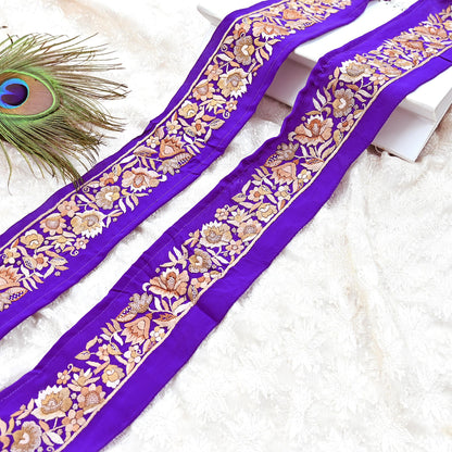 Indian Antique Vintage Real Parsi Gara Border Purple Hand Embroidered Craft Trim Lace Sewing Saree Ribbon Recycled 1yard Pure Crepe Silk