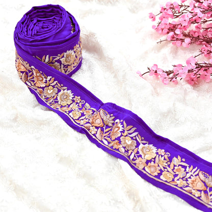 Indian Antique Vintage Real Parsi Gara Border Purple Hand Embroidered Craft Trim Lace Sewing Saree Ribbon Recycled 1yard Pure Crepe Silk