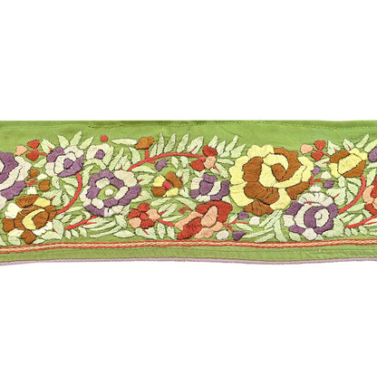 Indian Antique Vintage Real Parsi Gara Border Green Hand Embroidered Craft Trim Lace Sewing Saree Ribbon Recycled 1yard Pure Crepe Silk
