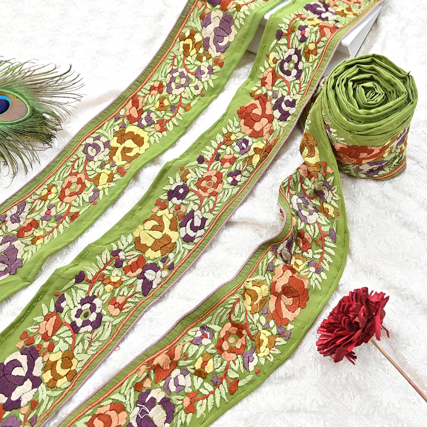 Indian Antique Vintage Real Parsi Gara Border Green Hand Embroidered Craft Trim Lace Sewing Saree Ribbon Recycled 1yard Pure Crepe Silk