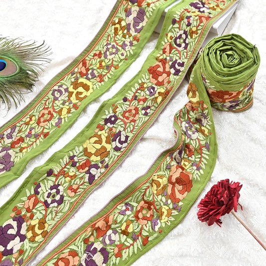 Indian Antique Vintage Real Parsi Gara Border Green Hand Embroidered Craft Trim Lace Sewing Saree Ribbon Recycled 1yard Pure Crepe Silk