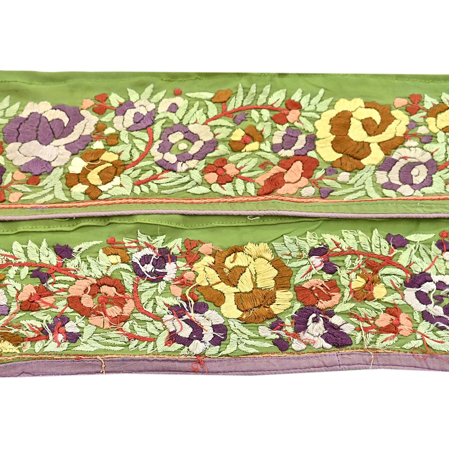 Indian Antique Vintage Real Parsi Gara Border Green Hand Embroidered Craft Trim Lace Sewing Saree Ribbon Recycled 1yard Pure Crepe Silk